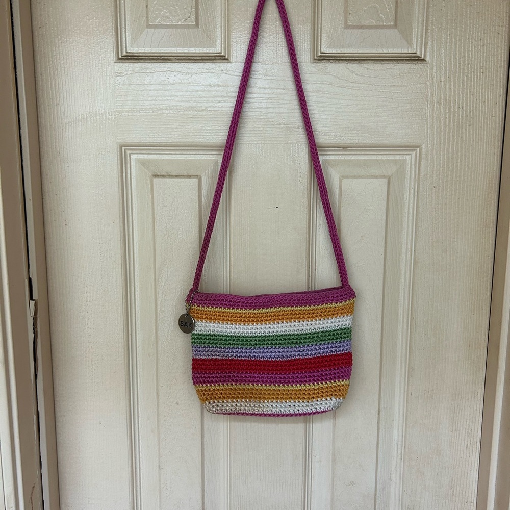 The Sak Multicolor Striped Crochet Crossbody with Pink Strap